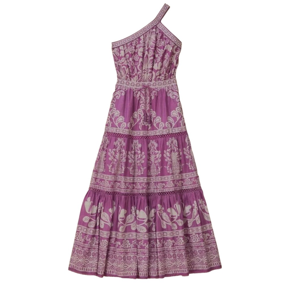Farm Rio Purple White Tapestry One Shoulder Tiered Maxi Dress L Boho EUC - Picture 4 of 8